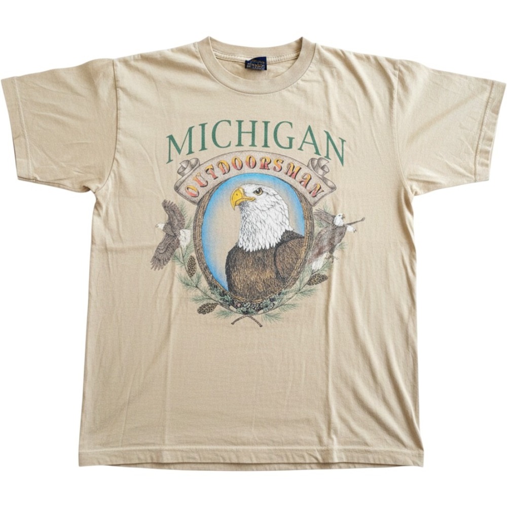 Vintage Michigan Outdoorsman Bald Eagle Graphic T-Shirt Tan Mens Large Pinecone